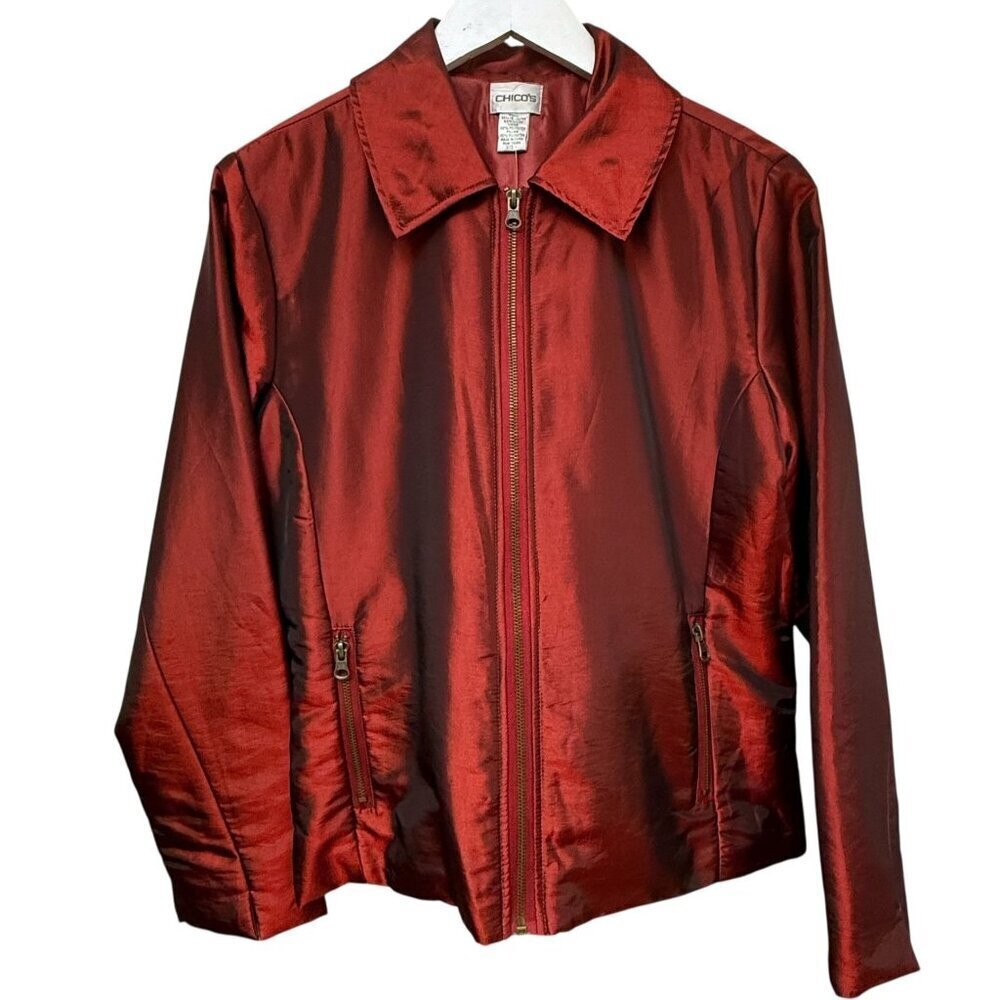 CHICOS Red Satin Shimmer Jacket Size Medium (Chicos 1) Zip Front Evening Holiday